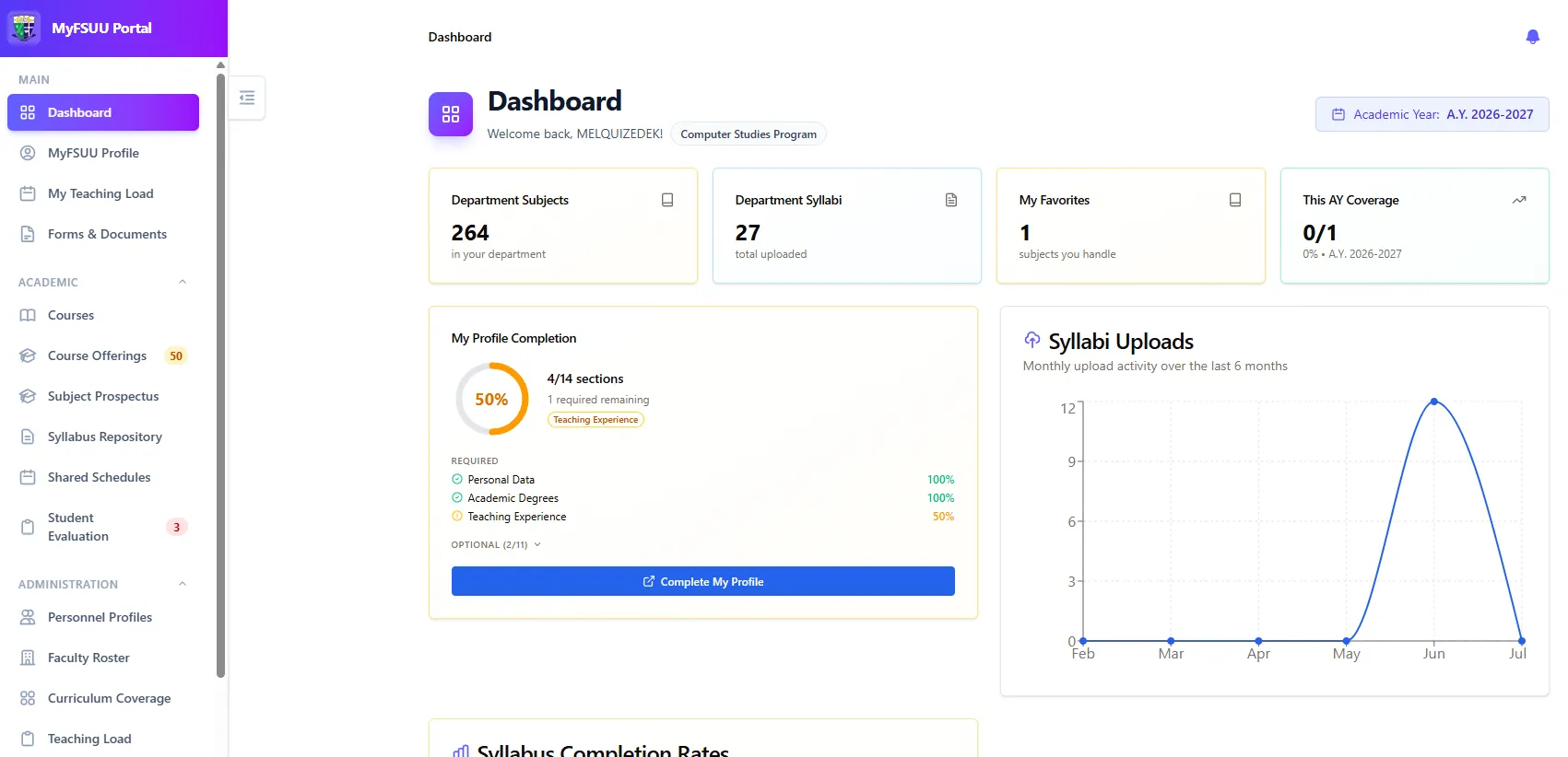 Faculty Portal Hub interface